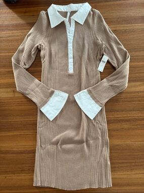 New with tags Anthropologie Beige Ribbed Knit Dress with White Collar and Cuffs